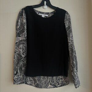 Diane Von Furstenberg black and cream long sleeve 100% silk top. Size 0.
